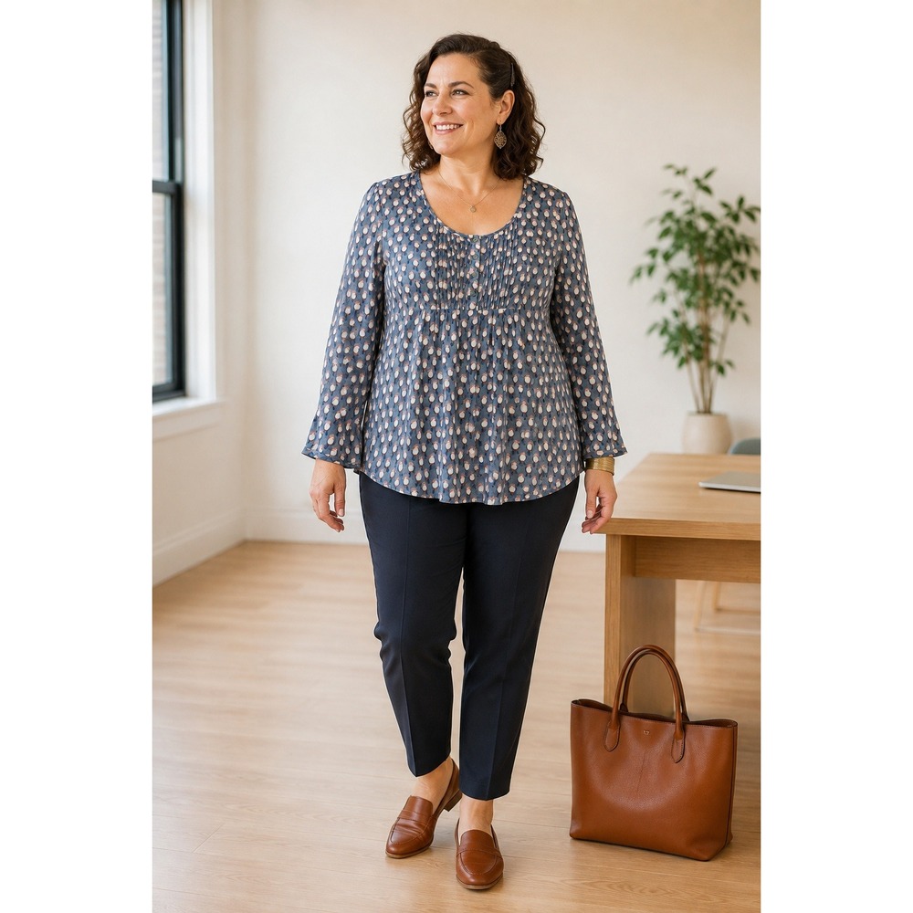 Boho Career Nature Papillon Blue Gray Bird Henley Buttons Pintuck Pleats L Top